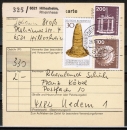 Bund 943 als portoger. MiF mit 30 Pf Goldener Hut + Zusatz auf Inlands-Paketkarte