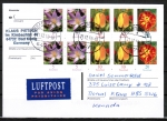 Bund 2480 / 2484 / 2471 als kpl. Blumen-Zdr-Blatt Krokus / Tulpe / Tagetes als portoger. EF auf Luftpost-Postkarte von 2007-2010 nach China, AnkStpl.
