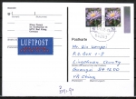 Bund 2463 als portoger. MeF mit 2x 50 Cent Blumen / Aster aus Bogen mit Rand auf Übersee-Luftpost-Postkarte von 2005-2010 nach China / AnkSt.