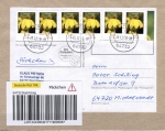 Bund 2524 als portoger. MeF mit 6x 65 Cent Blumen aus Bogen mit Rand auf Inlands-Päckchen-Adresse von 2006-2009, mit Label