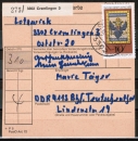 Bund 903 als portoger. MiF mit 10 Pf Tag der Briefmarke 1976 auf Inlands-Paketkarte von 1977