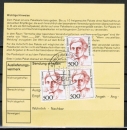 Bund 1397 als portoger. MeF mit 3x 500 Pf Frauen auf Inlands-Wertpaketkarte vom Januar 1993, 1 Marke kleine Zahnfehler