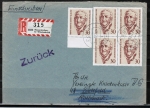 Bund 611 als 20 Pf überfrank. MeF mit 5x 30 Pf Ernst Moritz Arndt auf Inlands-Einschreibe-Brief 20-50g von 1970, Retour-Brief